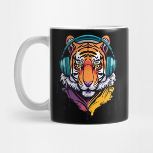 t-shirt design, colorful tiger with headphones on, graffiti art Mug